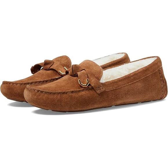 NWT Cole Haan Women's Evelyn Bow Driver Loafer, Golden Toffee Suede/Faux Fur-S 6 - Picture 1 of 7